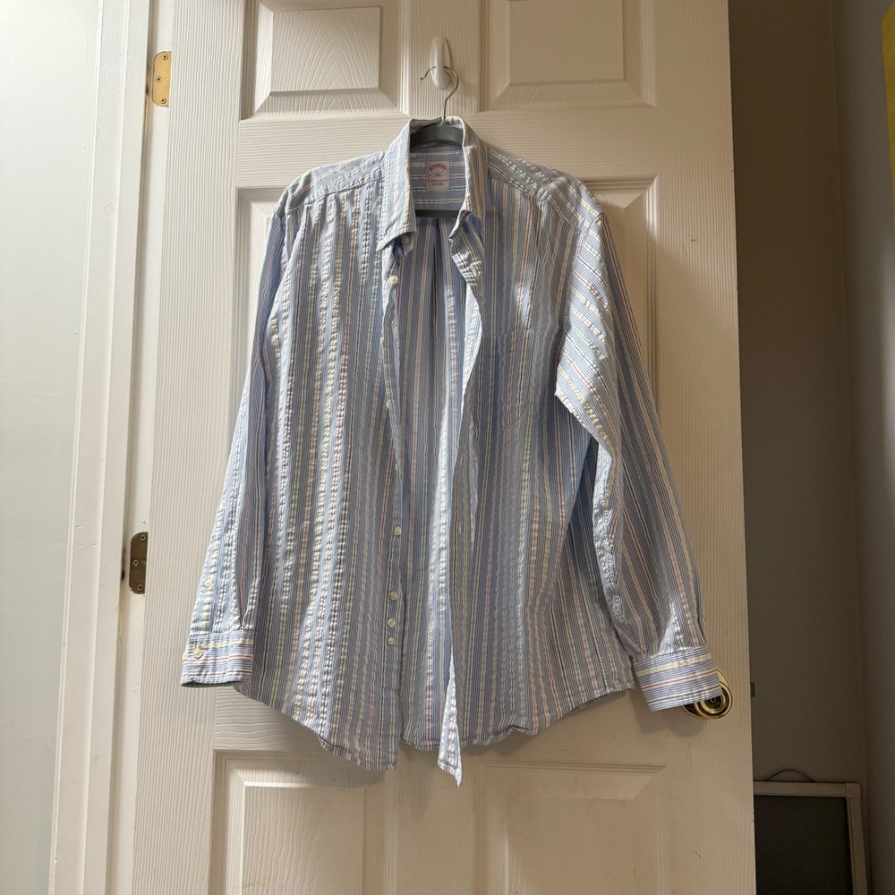 Mens Brooks Brothers 346 The Original Polo Shirt Blue Stripe Button Down L